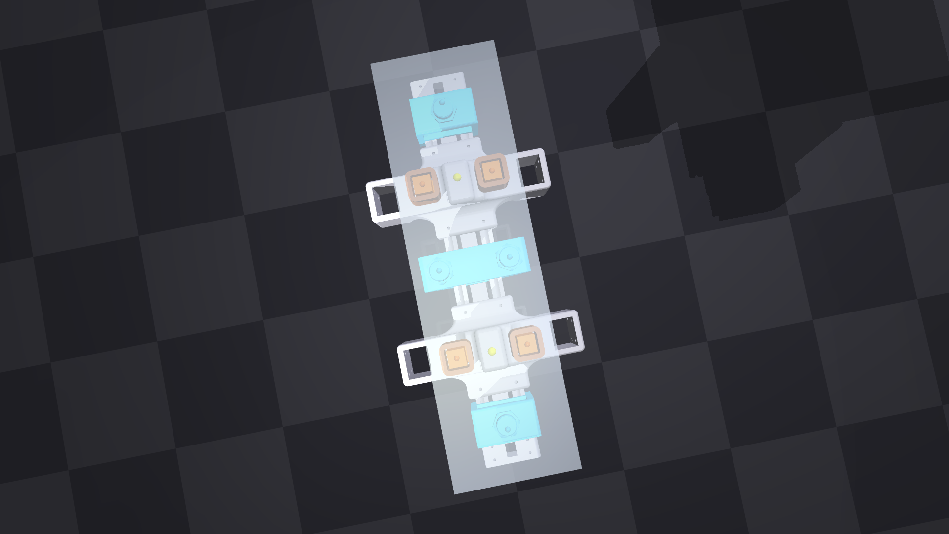 Top view of the MuJoCo pod model through the translucent track: two yokes with coil pairs and four gap sensors